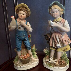 Vintage HOMCO #8880 Farmer Boy & Girl Figurines – Bisque Ceramic, Country Farm T